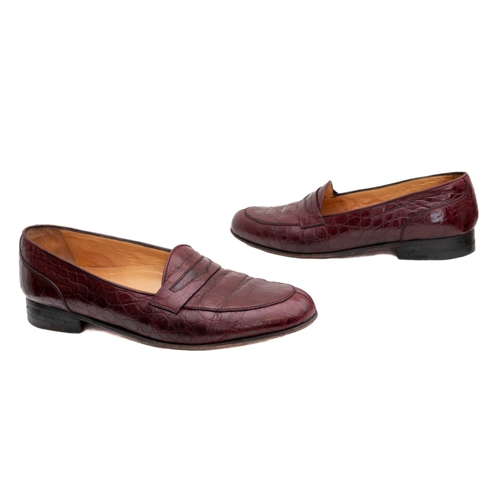 A.Testoni Burgundy Croc Embossed Leather Penny Loafers Mens US 9 Slip On